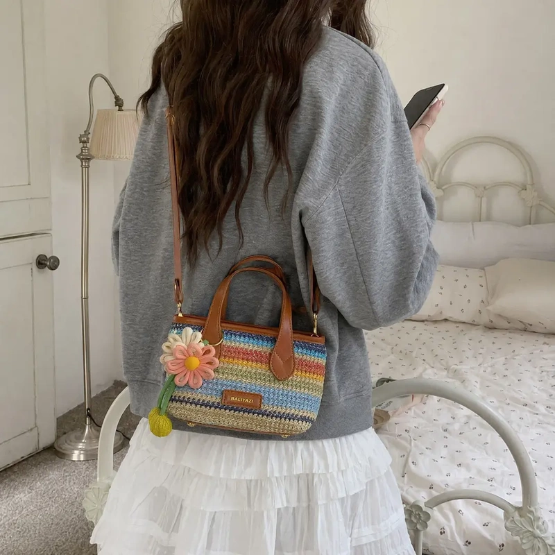Popular Women's Bag 2026 Summer New Rainbow Woven Basket Bag Large Capacity Versatile Shoulder Crossbody Handbag