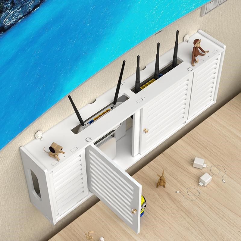 Wireless router storage box living room socket WIFI decoration hole-free wall-mounted TV on the box rack