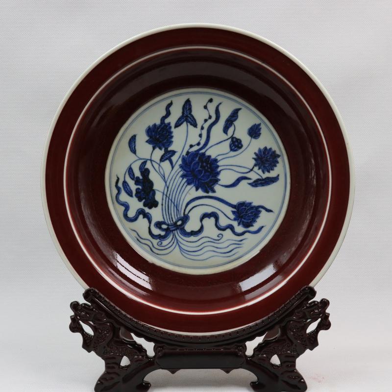 Jingdezhen generic indigo reward of zheng he 's offering gong Ming yongle years offering a flower plate antique reproduction antique furnishing articles