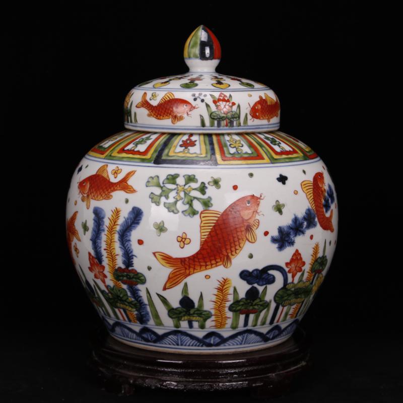 Jingdezhen imitation Ming jiajing antique antiques for 2 points you fight exotic fish algae lines cover 1.3 billion-plus old goods jar jar furnishing articles