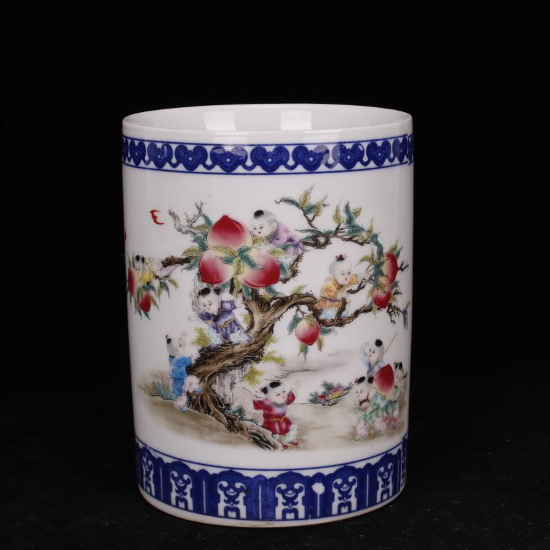 Jingdezhen bucket color peach blue tie up branch lines landscape brush pot Chinese style desk supplies four decorative furnishing articles