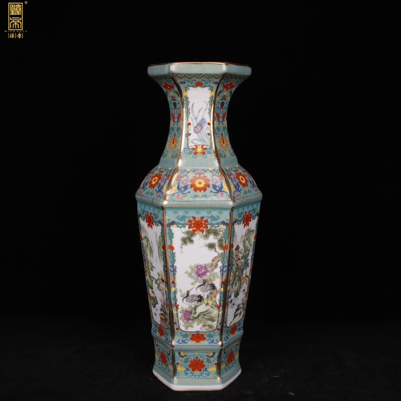 Jingdezhen six - party colored enamel vase imitation qianlong paint painting of flowers and new Chinese style living room decoration antique antique furnishing articles