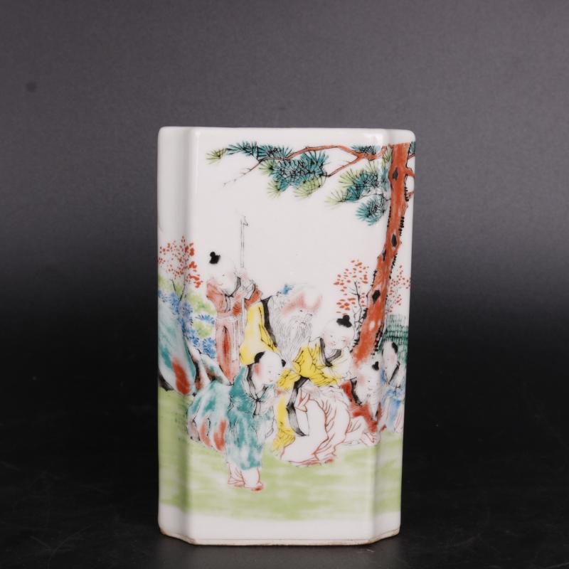 Antique handicraft stories of pastel texture of the republic of China "four porcelain brush pot home furnishing articles Antique collection