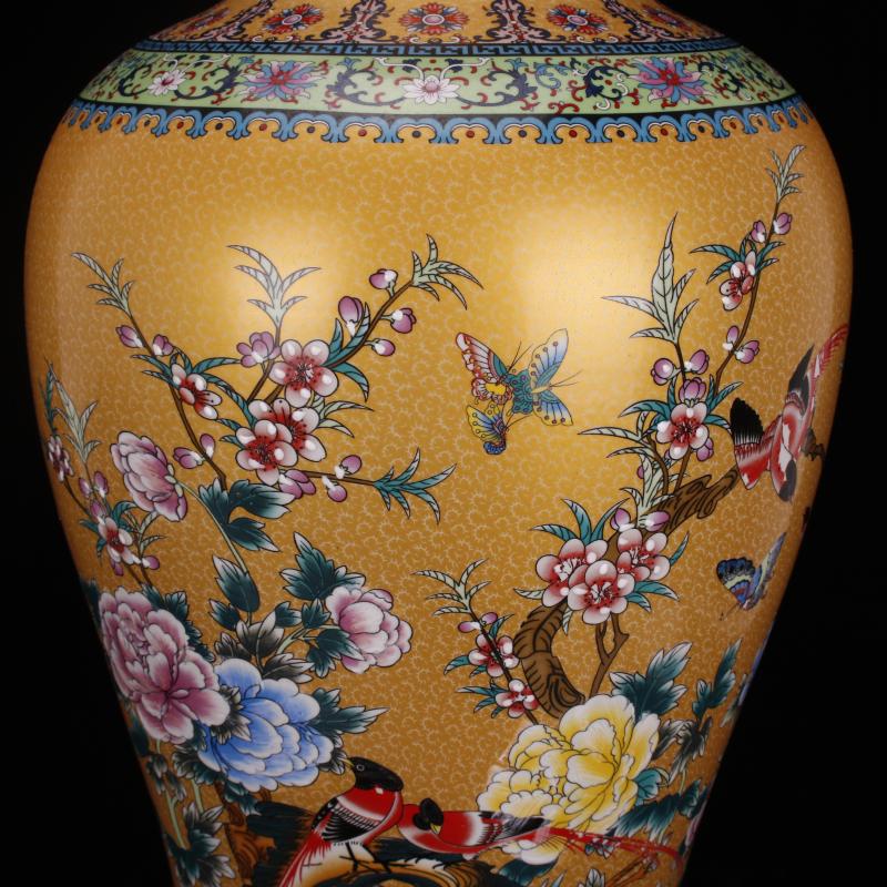 Jingdezhen imitation qianlong antique colored enamel in yellow flowers and birds landing big goddess of mercy bottle Chinese style classical Ming and the qing dynasty vase