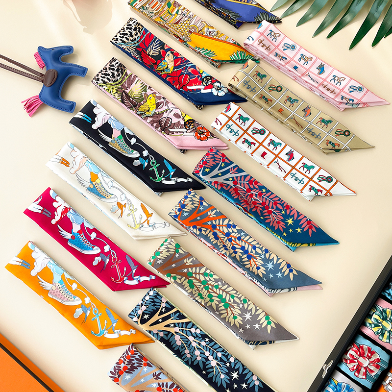 H Silk Scarf, Long Twill Silk Ribbon for Tying Bags, 100% Mulberry Silk, Double-Sided, Narrow Streamer, Small Neck Scarf, Hair Tie