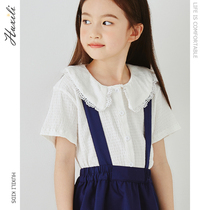 Girl white shirt short sleeves 2021 Summer academy Wind little girl turned over pure cotton foreign Han version white shirt thin