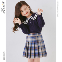 2022 Spring Dress Girl Polo Shirt Spring Autumn Clothing Children Long Sleeve T-shirt Big Flip lace with lace foreign air to the bottom
