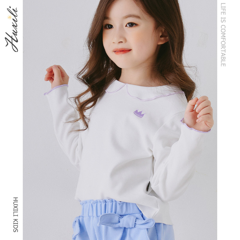 Children's bottoming shirt 2021 autumn new girl's small lapel cotton T-shirt long-sleeved top hit color embroidery polo