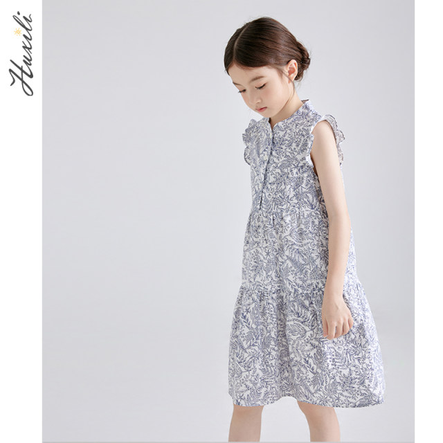 Huxili ເຄື່ອງນຸ່ງເດັກນ້ອຍ 2024 Summer Girls Parent-child Tank Top Pure Cotton Floral Dress Three-Layer Spliced ​​​​Sleeves Lace Sleeves