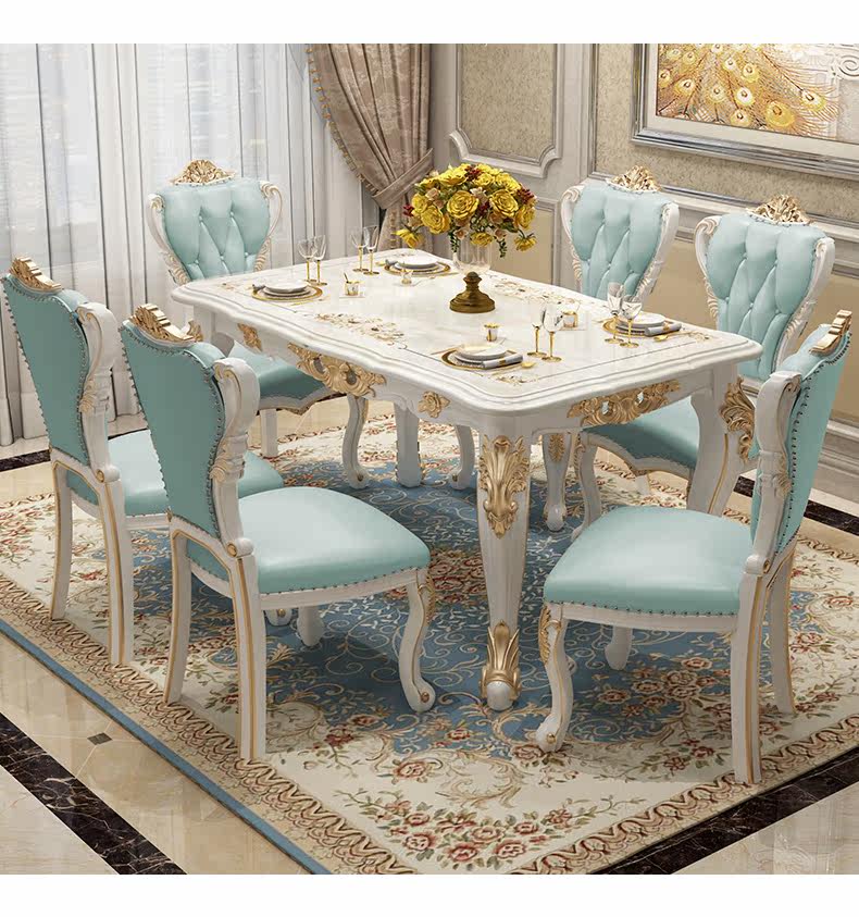 Мраморный стол 欧式餐桌椅组合现代简约家用小户型长方形实木大理石台面简欧餐桌