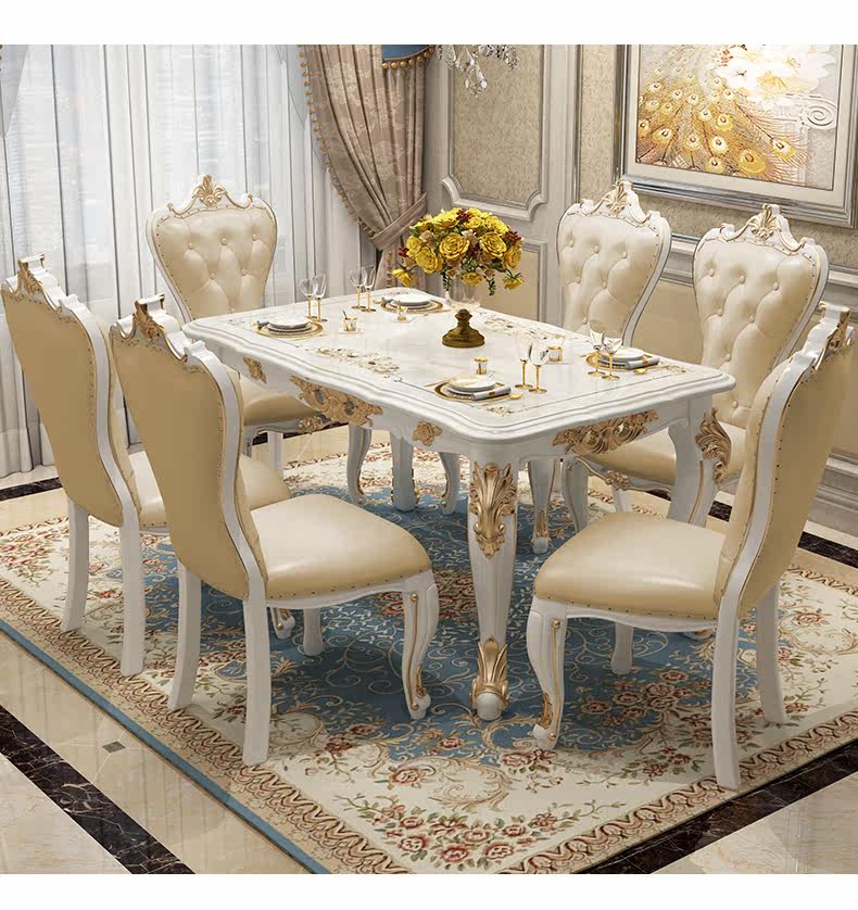 Мраморный стол 欧式餐桌椅组合现代简约家用小户型长方形实木大理石台面简欧餐桌