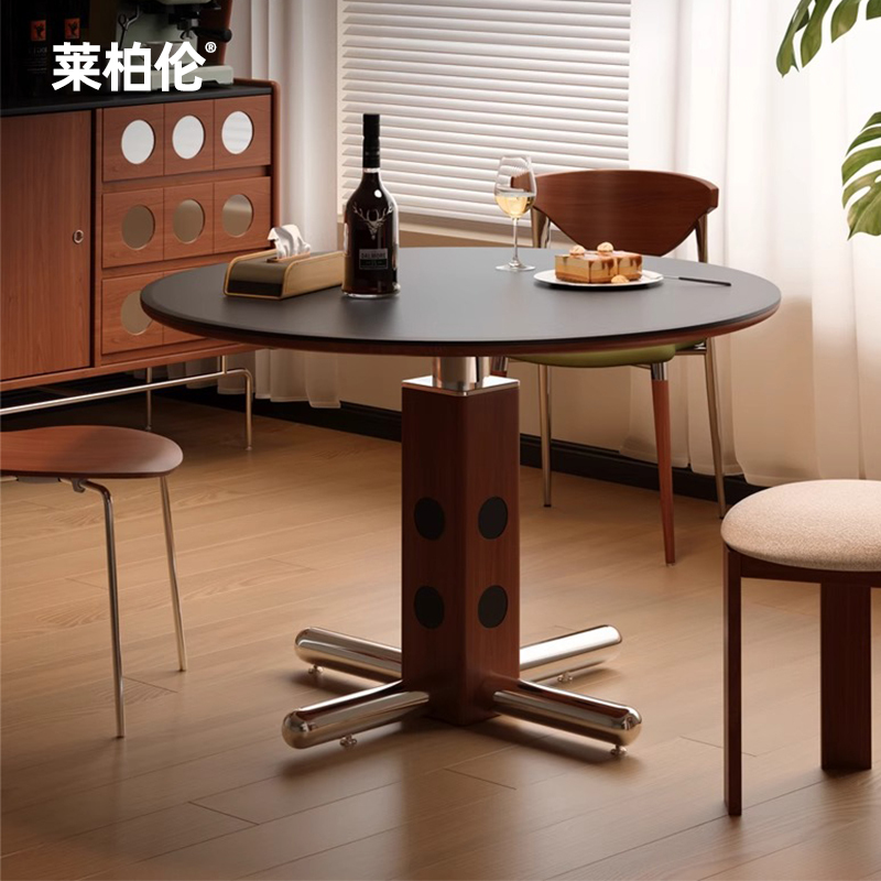 Polka Medieval Round Table, Retro Small Apartment Metal Leg Round Dining Table, Nordic Bauhaus Solid Wood Slate Dining Table