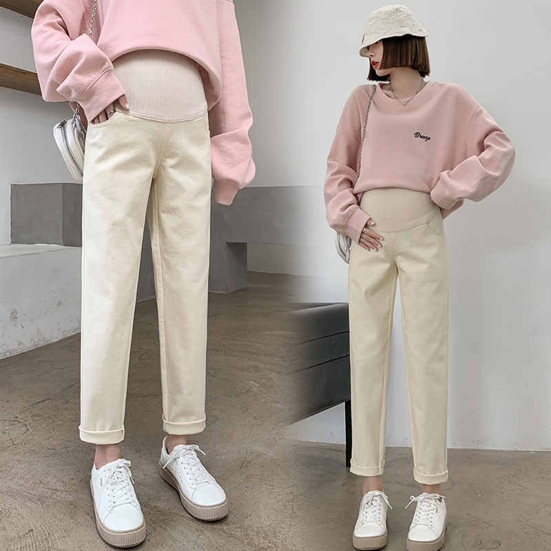 Pregnant Woman Pure Cotton Jeans Autumn Winter Plus Suede Thickening Outside Wearing Long Pants Straight Barrel Old Daddy Pants Spring Autumn pregnant woman pants