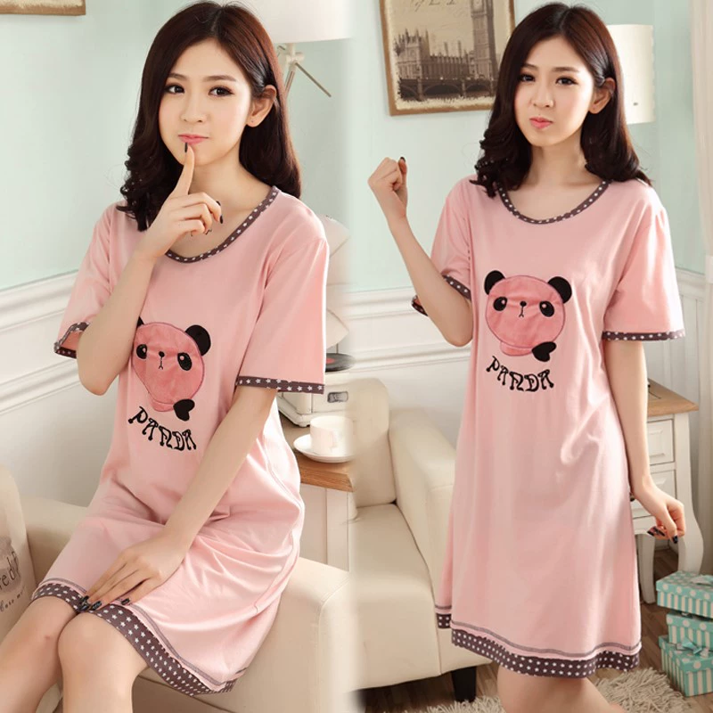 Váy ngủ cotton nữ sinh viên mùa hè ngắn tay Cô gái hàn quốc dễ thương plus size váy ngủ cotton có thể mặc bên ngoài - Đêm đầm