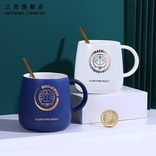 Sanfan blue fatty ceramic mug with lid spoon creative personality cute jingle cat large capacity couple coffee cup