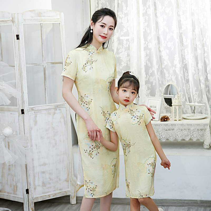 Pro-Son Dress Qipao Mother Woman Foreign Dress 2022 New Summer Retro China Wind Thin Cotton Twist Dresses Yellow