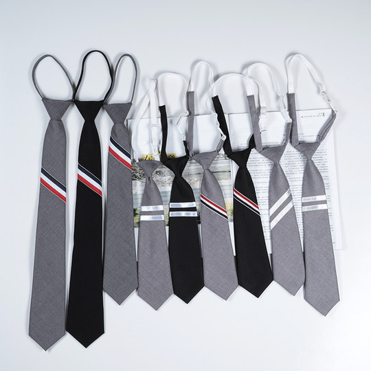 Tie Similar to Cyndi Wang's Style, Unisex, Narrow Korean Version, ins Lazy Zipper, Black, Gray, Three-Color Striped, Dk Trendy, Jk Japanese Style