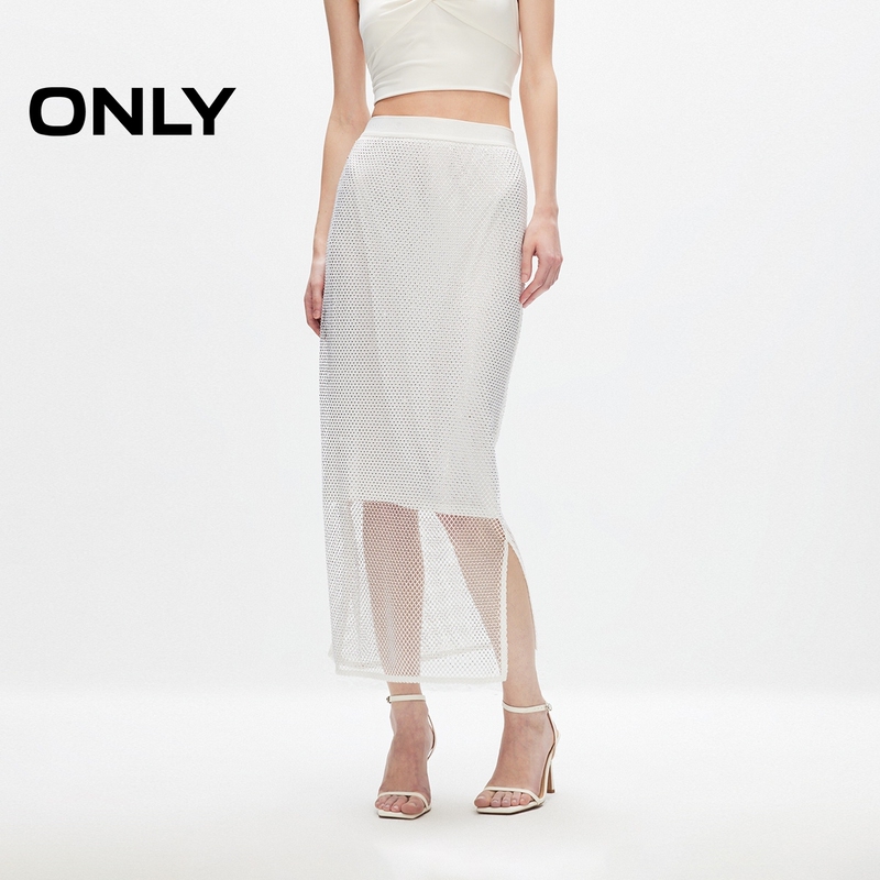 【Only Outlet】Spring and Summer New Fashion Exquisite Rhinestone High-Waisted Slit Long Skirt for Women