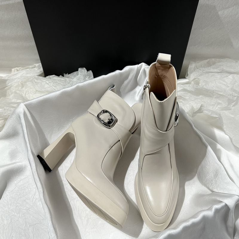 European and American Style Genuine Leather Thick-Soled Waterproof Platform Ultra-High Heel Short Boots for Women, Height-Increasing Pointed Toe Chunky Heel Belt Buckle Martin Boots