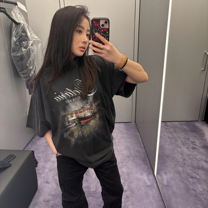 Broken Moon Niche Trendy Brand Paris-Style Night Scene Letter Short-Sleeve American Summer Loose Casual Unisex T-Shirt