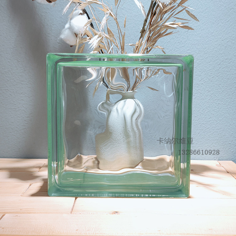 Import 145X145X80 Side color green Cloud Mist Textured Translucent Hollow Glass Brick Bedroom Partition Wall