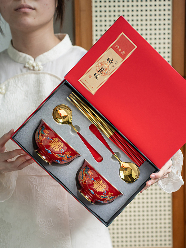 Jingdezhen National Trend Dragon and Phoenix Wedding Bowl and Chopsticks Set, Dowry Red Wedding Bowl Pair, Wedding Tableware Set, Wedding Supplies
