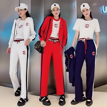 2022 Spring and Autumn New Womens Casual Sports Western-style Fried Street Straight Leg Pants Trendy Hooded European Running Three-piece Suit