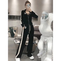 European fashion sports casual velvet suit womens spring 2023 high-end slim sweater wide-leg pants two-piece set