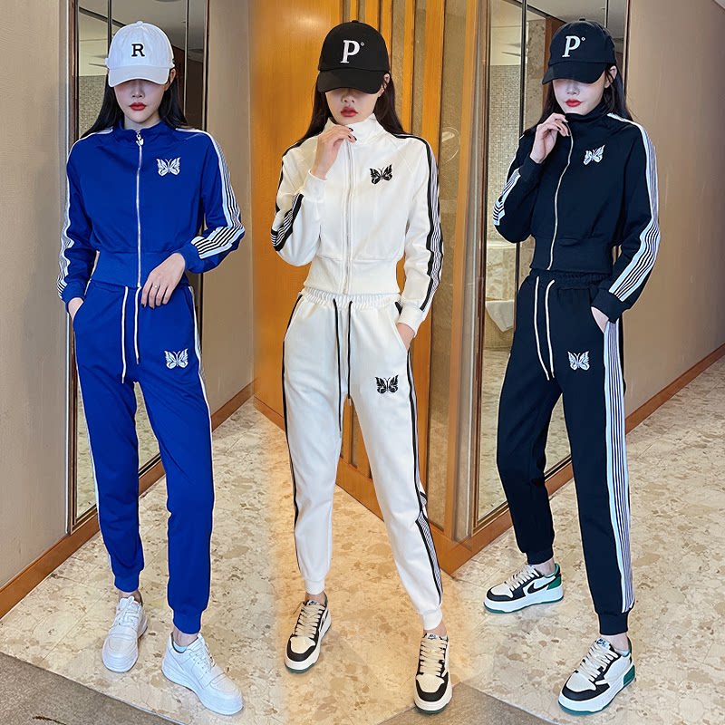 European goods sports suit women's spring and autumn 2022 new stand-up collar butterfly cardigan fashion thin and casual two-piece trendy