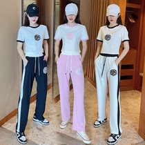 Broadlegged Pants Casual Fashion Ice Silk Suit Womens Goods 2022 Ocean Gas Flowers Short Sleeves Trendy Minus-Age Fried Street Two