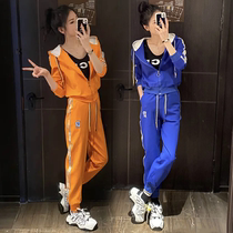 Sports and leisure orange suit womens spring and autumn 2023 new style foreign style fashionable slimming age-reducing hooded sweater two-piece set