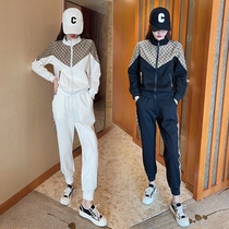 Sports and leisure suit womens spring and autumn 2022 new net red fashion foreign style stand collar two-piece suit color matching running trend