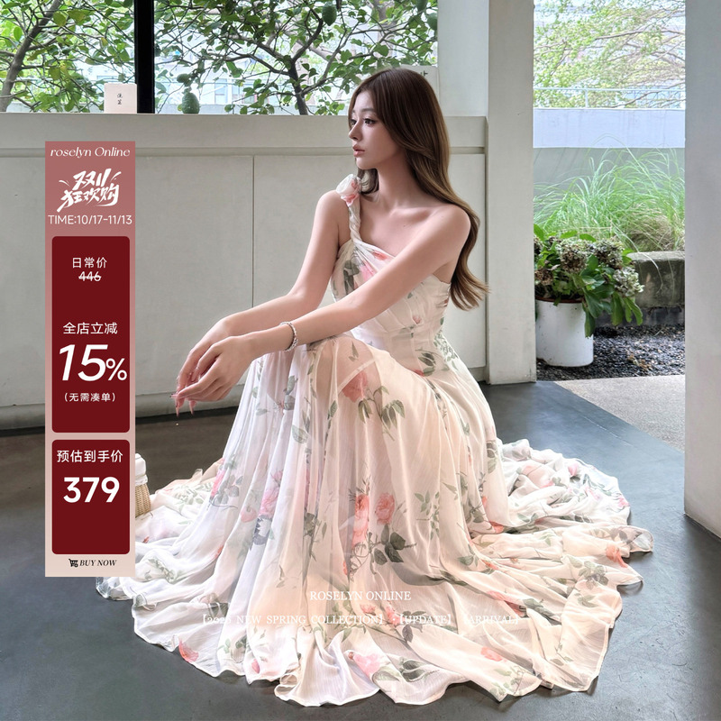 Roselyn Heavy Industries 7m Fresh Floral Chiffon Long Dress with Asymmetrical Shoulder Twist Knot Flower Waist Dress with Flared Skirt Roselyn Heavy Industries 7m Fresh Floral Chiffon Long Dress with Asymmetrical Shoulder Twist Knot Flower Waist Dress with Flared Skirt