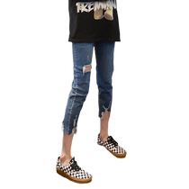 Large size early spring thin cropped jeans for women with high waist holes 2024 summer new style fat girl slimming cigarette pants