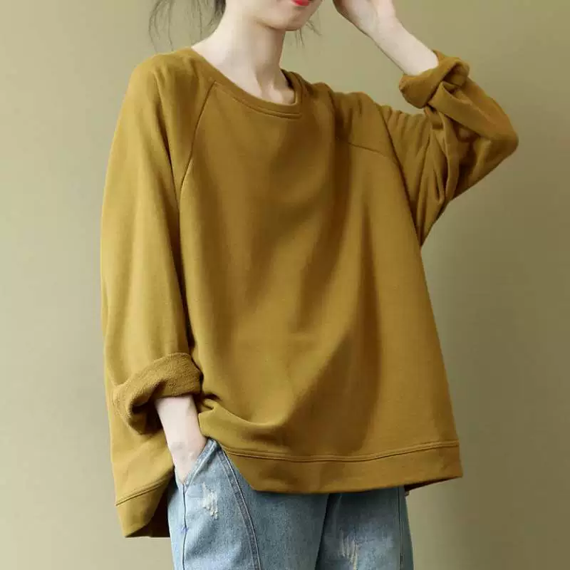 Phong cách mới cotton cộng với kích thước rộng rãi văn học áo len dài tay mùa thu mặc cổ tròn tất cả các kết hợp giản dị áo phông hàn quốc nữ hàng đầu - Thể thao lông cừu / jumper