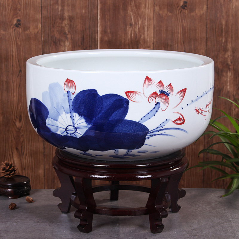 Jingdezhen ceramic aquarium large basin of blue and white sleep keep goldfish bowl lotus lotus tortoise GangPen furnishing articles in the living room