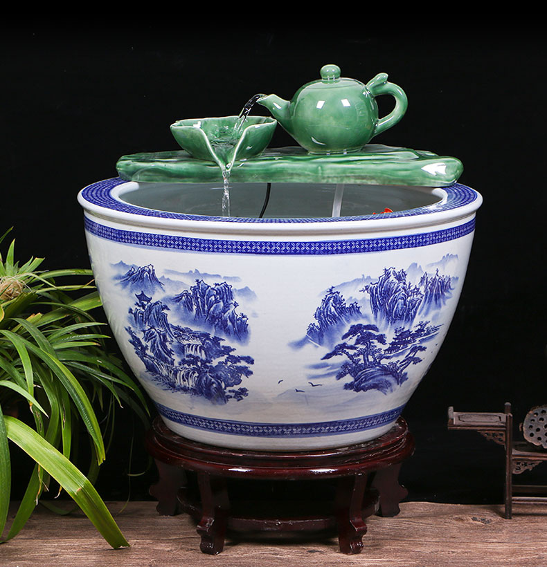 Jingdezhen ceramic aquarium sitting room ground water fountain aquarium large household cycle aquarium fish bowl