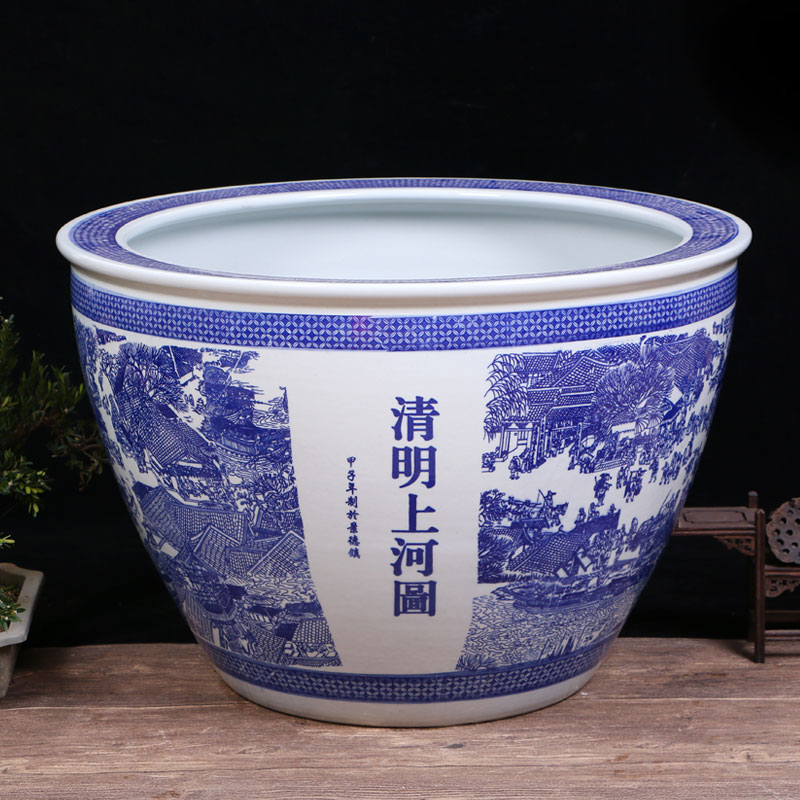 Jingdezhen blue and white porcelain lotus pond lily have a goldfish bowl large special garden birdbath sitting room balcony cylinder