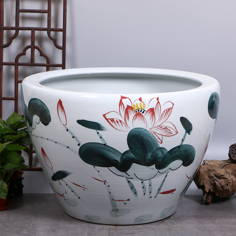 Package mail jingdezhen ceramic aquarium turtle cylinder goldfish bowl lotus flower pot lotus large painting and calligraphy tank