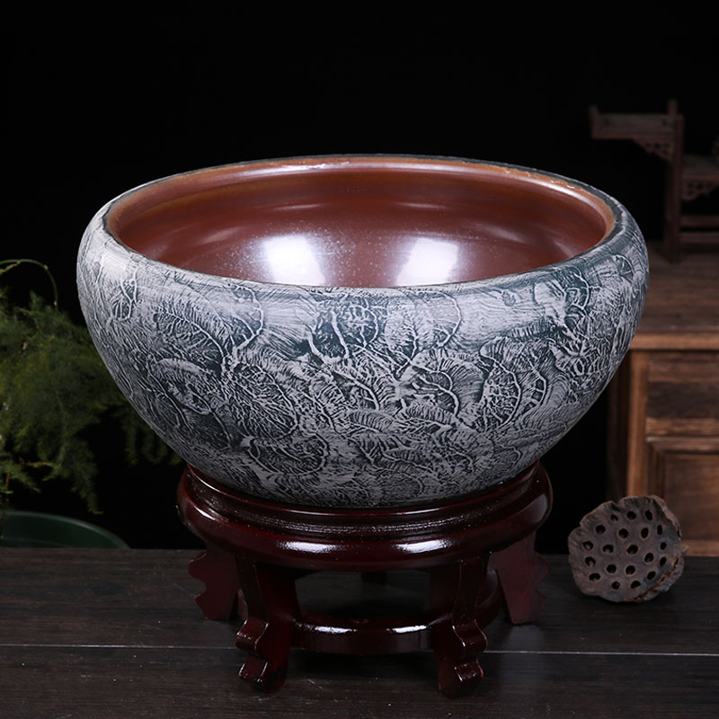 High temperature ceramic cylinder lotus carving a goldfish bowl leaf lotus birdbath household tortoise cylinder contracted decoration of home stay facility