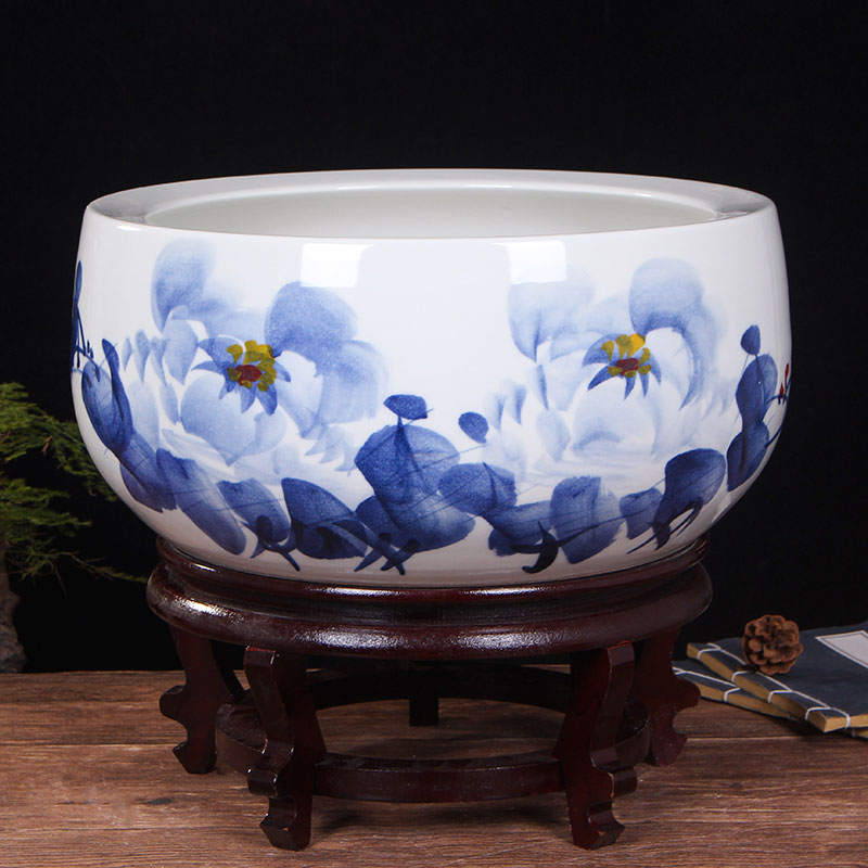 Blue and white porcelain of jingdezhen ceramics shallow daikin aquarium tortoise refers to flower pot furnishing articles large cylinder water lily