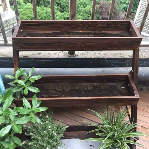 Карбонизированная анти -коррупционная древесина многослойная цветочная стойка Балкон с твердым деревом цветочной коробкой цветочный горшок на открытая лестница