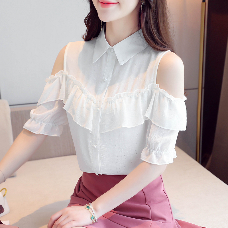 Off-the-vai áo voan ngắn tay phụ nữ mùa hè 2020 thời trang mới của Hàn Quốc phiên bản loose-fitting nhỏ áo lá sen cạnh trên