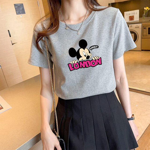 Gray front shoulder short-sleeved Mickey t-shirt women's summer 2023 new cotton round neck half-sleeved loose Korean print top