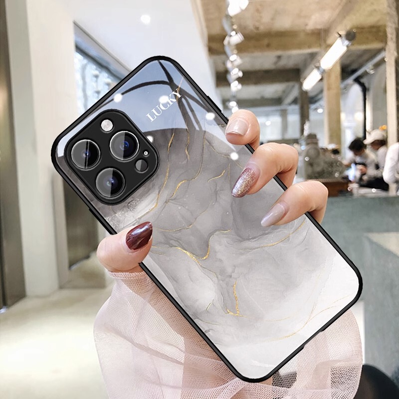 Gold Foil Ink-Style Phone Case Suitable for Apple 14 Pro Max, High-End iPhone 13 Mini Glass Case, Mini Anti-Drop Protective Cover, 12 Pro+ for Men and Women, 11 Full Coverage New Model 14 Plus Case