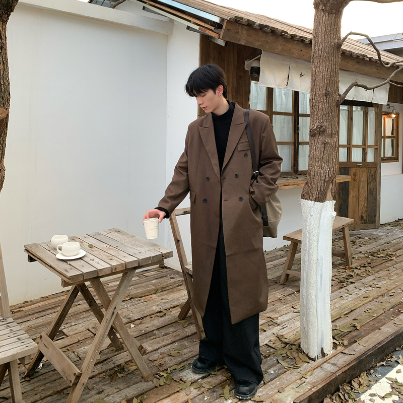 Onelyc1Ns Suit Collar Double-Breasted Over-The-Knee Mid-Length Trench Coat for Men, Autumn Vintage High-End Long Coat