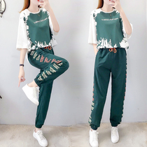 Sports Leisure set womens Tide brand Korean version 2021 New loose cotton Harlan trousers summer short sleeve two-piece set