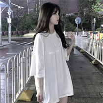 White T-shirt womens short sleeve loose Korean version 2021 summer new round neck Big version cotton top long body shirt