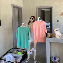 T-shirt womens short sleeve loose Korean version 2021 new hipster embroidery long round neck cotton foreign style