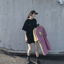 Short sleeve t-shirt women loose foreign style Han fan 2021 new hipster print medium long round neck large version of the shirt ins